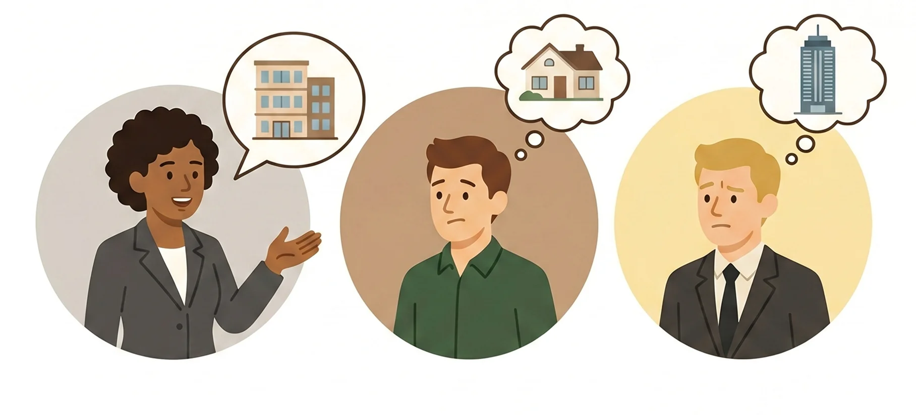 One person describes a mid-rise building while the two listening picture a house and a skyscraper.