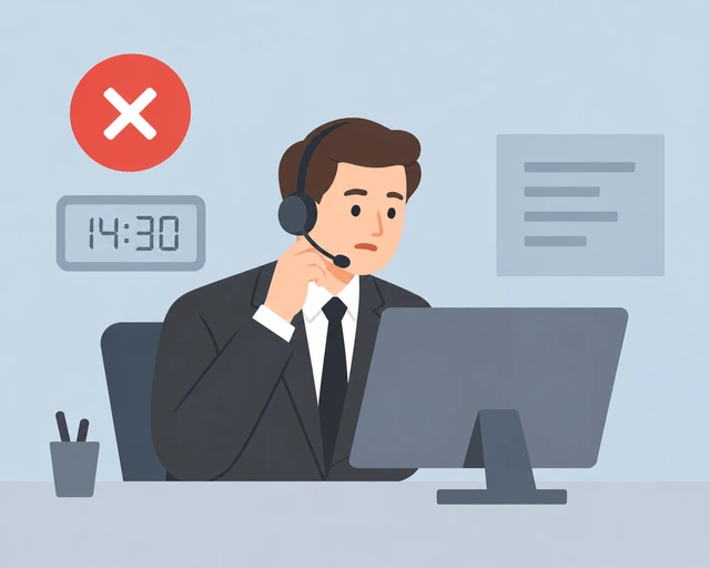 A support agent in a suit and headset sits at a desk looking uncertain at a monitor, beside a red cross, a wall clock reading 14:30, and a panel of placeholder text.