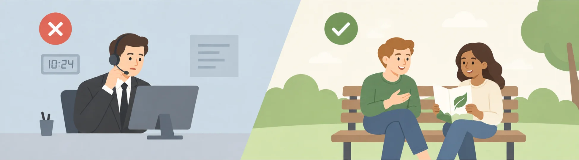 Two ways of selling side by side: a headset agent at a desk working through a screen, and two people talking on a park bench over a product brochure.