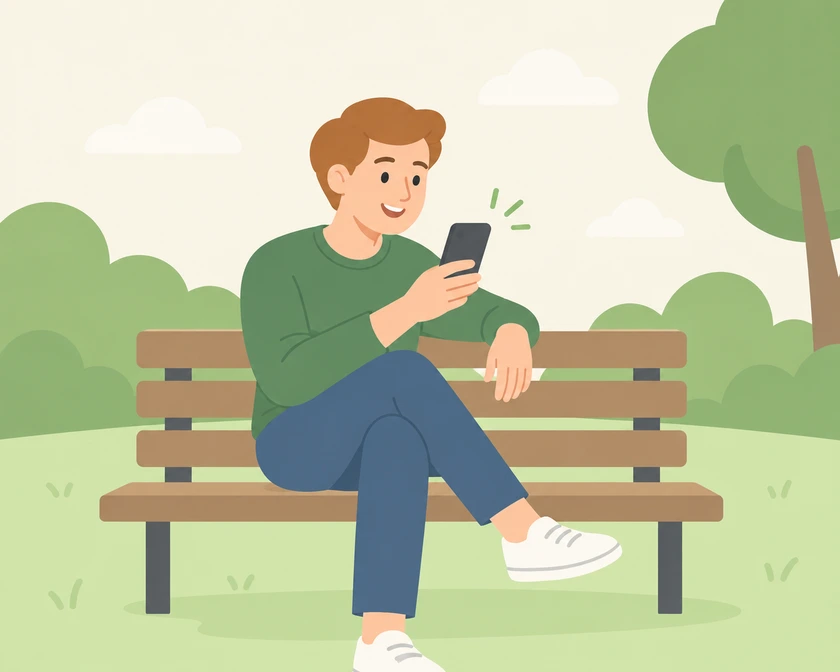 A person sits on a park bench in the sun, smiling at a phone held in one hand.