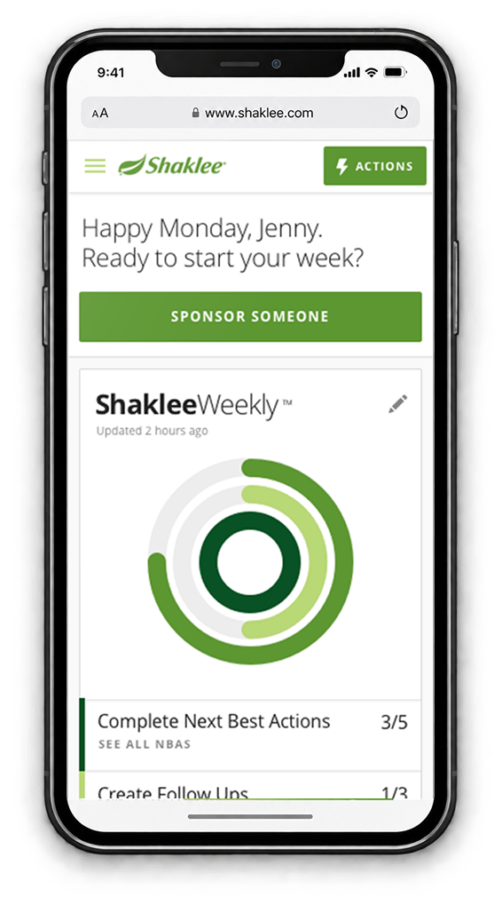 Shaklee Connect home screen on a phone: a greeting reading Happy Monday, Jenny, a Sponsor Someone button, and a Shaklee Weekly progress ring above a checklist showing Complete Next Best Actions three of five and Create Follow Ups one of three.